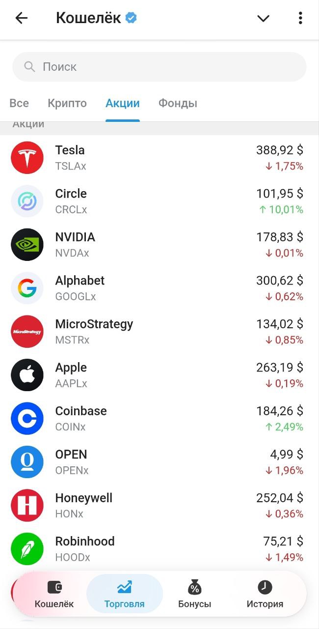 Telegram Wallet — xStocks list